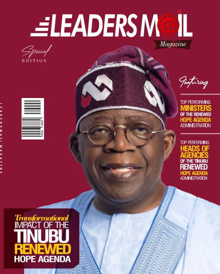 LeadersMail Magazine special edition featuring President Bola Ahmed Tinubu in traditional attire on a burgundy cover.